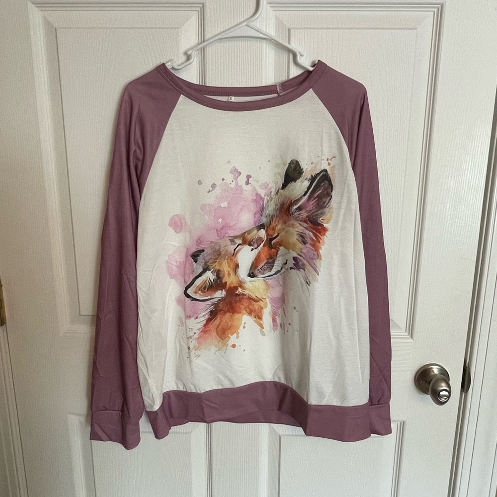 NWOT Plum and White Playful Fox Print Raglan Sweatshirt